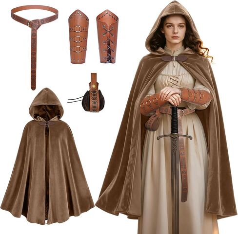 Women's Renaissance Cloak with Hood,Medieval Buckle Cape with belt, waistpack and wrist guards for Halloween Party. in Kuwait