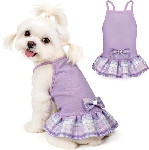 YUDODO Pet Dog Dress for Small Dogs Girl, Pet Summer Clothes with Bowtie, Stretchy Cute Puppy Skirt, Princess Dog Dress for Yorkie Chihuahua Maltese (M, Purple) in Kuwait
