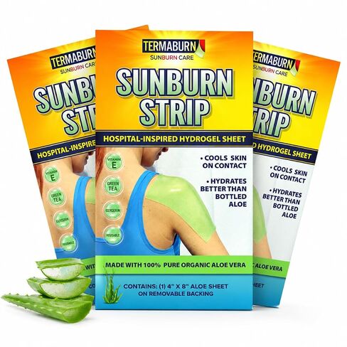 TermaBurn SunBurn Strip 3-Pack — Travel-Size Sunburn Relief Patches of Wearable Aloe Hydrogel | Cools on Contact, Soothes Without Sticky Mess | 100% Organic Aloe Vera (3 Sheets, 4 x 8 in each) in Saudi Arabia