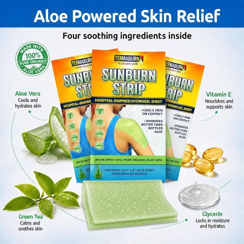 TermaBurn SunBurn Strip 3-Pack — Travel-Size Sunburn Relief Patches of Wearable Aloe Hydrogel | Cools on Contact, Soothes Without Sticky Mess | 100% Organic Aloe Vera (3 Sheets, 4 x 8 in each) in Saudi Arabia