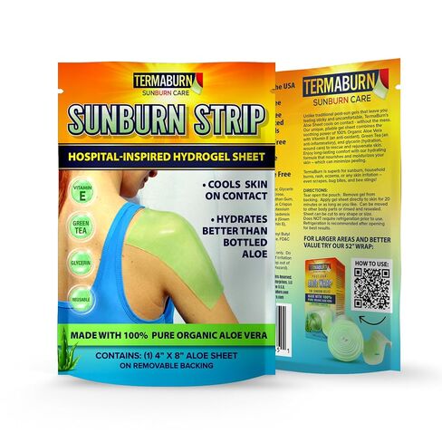 TermaBurn SunBurn Strip 3-Pack — Travel-Size Sunburn Relief Patches of Wearable Aloe Hydrogel | Cools on Contact, Soothes Without Sticky Mess | 100% Organic Aloe Vera (3 Sheets, 4 x 8 in each) in Saudi Arabia