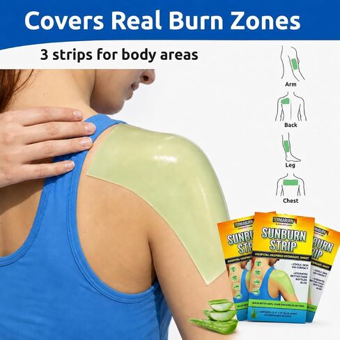TermaBurn SunBurn Strip 3-Pack — Travel-Size Sunburn Relief Patches of Wearable Aloe Hydrogel | Cools on Contact, Soothes Without Sticky Mess | 100% Organic Aloe Vera (3 Sheets, 4 x 8 in each) in Saudi Arabia