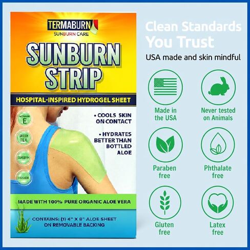 TermaBurn SunBurn Strip 3-Pack — Travel-Size Sunburn Relief Patches of Wearable Aloe Hydrogel | Cools on Contact, Soothes Without Sticky Mess | 100% Organic Aloe Vera (3 Sheets, 4 x 8 in each) in Saudi Arabia