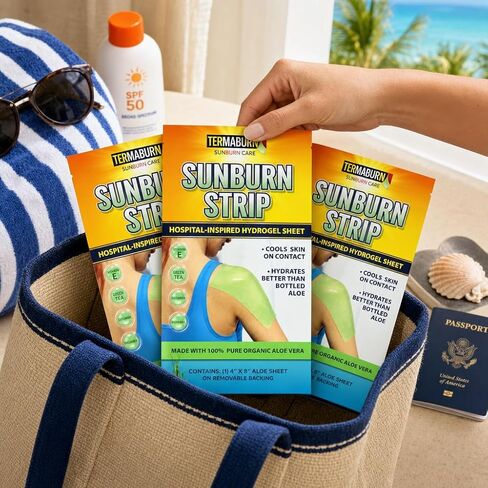 TermaBurn SunBurn Strip 3-Pack — Travel-Size Sunburn Relief Patches of Wearable Aloe Hydrogel | Cools on Contact, Soothes Without Sticky Mess | 100% Organic Aloe Vera (3 Sheets, 4 x 8 in each) in Saudi Arabia
