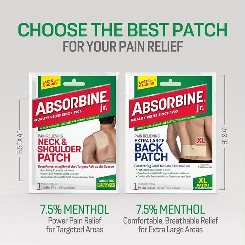 Absorbine Jr. Pain Relief Patches for Back Pain - Menthol Pain Patch for Lower Back, Muscle Aches, & Cramps - Large Back Patch for Soreness, Stiffness, & Tension Relief - Up to 8 Hours - 18 Count in Saudi Arabia