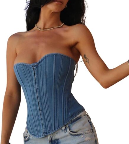 Denim Corset Top for Women, Denim Tube Top Sexy Sleeveless Slim Front Hook Waist Cincher Bustier Jean Corset Tops in Saudi Arabia