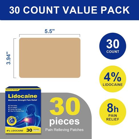 4% Lidocaine Pain Relief Patches, Fast Acting, Maximum OTC Strength, for Back, Neck, Shoulder, Joint & Muscle Pain, 8-Hour Effectiveness-30 Count in Kuwait