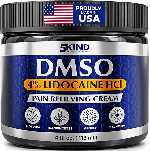 5Kind DMSO Cream with Lidocaine for Pain Relief 4 fl oz - 99.9% Pure DMSO Pharmaceutical Grade Cream - Lidocaine Cream with Aloe Vera, Magnesium, Arnica & Menthol - Registered NDC - Made in USA in Saudi Arabia