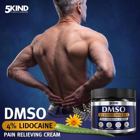 5Kind DMSO Cream with Lidocaine for Pain Relief 4 fl oz - 99.9% Pure DMSO Pharmaceutical Grade Cream - Lidocaine Cream with Aloe Vera, Magnesium, Arnica & Menthol - Registered NDC - Made in USA in Saudi Arabia