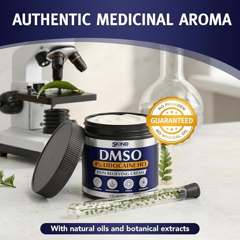 5Kind DMSO Cream with Lidocaine for Pain Relief 4 fl oz - 99.9% Pure DMSO Pharmaceutical Grade Cream - Lidocaine Cream with Aloe Vera, Magnesium, Arnica & Menthol - Registered NDC - Made in USA in Saudi Arabia