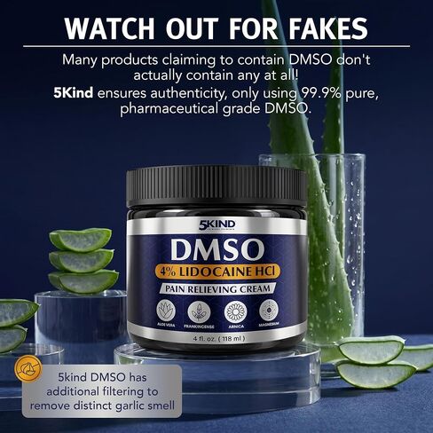 5Kind DMSO Cream with Lidocaine for Pain Relief 4 fl oz - 99.9% Pure DMSO Pharmaceutical Grade Cream - Lidocaine Cream with Aloe Vera, Magnesium, Arnica & Menthol - Registered NDC - Made in USA in Saudi Arabia