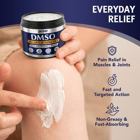5Kind DMSO Cream with Lidocaine for Pain Relief 4 fl oz - 99.9% Pure DMSO Pharmaceutical Grade Cream - Lidocaine Cream with Aloe Vera, Magnesium, Arnica & Menthol - Registered NDC - Made in USA in Saudi Arabia