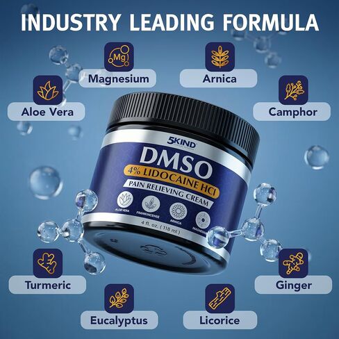 5Kind DMSO Cream with Lidocaine for Pain Relief 4 fl oz - 99.9% Pure DMSO Pharmaceutical Grade Cream - Lidocaine Cream with Aloe Vera, Magnesium, Arnica & Menthol - Registered NDC - Made in USA in Saudi Arabia