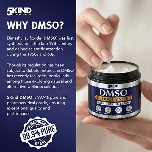 5Kind DMSO Cream with Lidocaine for Pain Relief 4 fl oz - 99.9% Pure DMSO Pharmaceutical Grade Cream - Lidocaine Cream with Aloe Vera, Magnesium, Arnica & Menthol - Registered NDC - Made in USA in Saudi Arabia