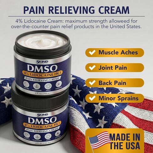5Kind DMSO Cream with Lidocaine for Pain Relief 4 fl oz - 99.9% Pure DMSO Pharmaceutical Grade Cream - Lidocaine Cream with Aloe Vera, Magnesium, Arnica & Menthol - Registered NDC - Made in USA in Saudi Arabia