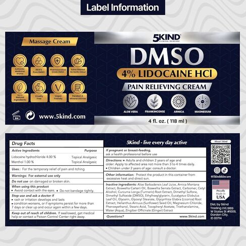 5Kind DMSO Cream with Lidocaine for Pain Relief 4 fl oz - 99.9% Pure DMSO Pharmaceutical Grade Cream - Lidocaine Cream with Aloe Vera, Magnesium, Arnica & Menthol - Registered NDC - Made in USA in Saudi Arabia