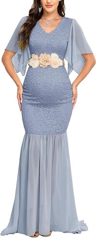 Maternity Lace Mermaid Dress V Neck Handkerchief Sleeve Chiffon Maxi Gown for Wedding Guest Photoshoot Baby Shower in Kuwait