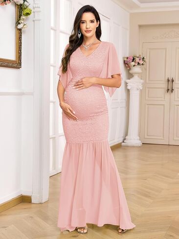 Maternity Lace Mermaid Dress V Neck Handkerchief Sleeve Chiffon Maxi Gown for Wedding Guest Photoshoot Baby Shower in Kuwait
