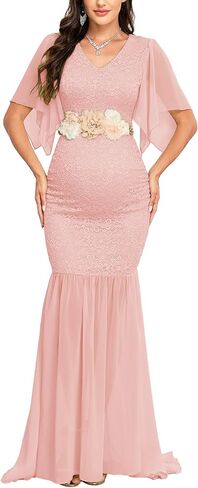 Maternity Lace Mermaid Dress V Neck Handkerchief Sleeve Chiffon Maxi Gown for Wedding Guest Photoshoot Baby Shower in Kuwait