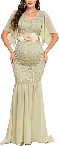 Maternity Lace Mermaid Dress V Neck Handkerchief Sleeve Chiffon Maxi Gown for Wedding Guest Photoshoot Baby Shower in Kuwait