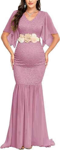 Maternity Lace Mermaid Dress V Neck Handkerchief Sleeve Chiffon Maxi Gown for Wedding Guest Photoshoot Baby Shower in Kuwait