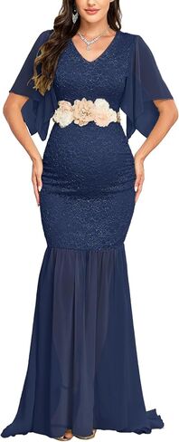 Maternity Lace Mermaid Dress V Neck Handkerchief Sleeve Chiffon Maxi Gown for Wedding Guest Photoshoot Baby Shower in Kuwait