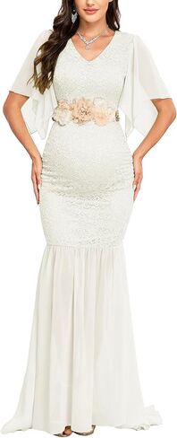 Maternity Lace Mermaid Dress V Neck Handkerchief Sleeve Chiffon Maxi Gown for Wedding Guest Photoshoot Baby Shower in Kuwait