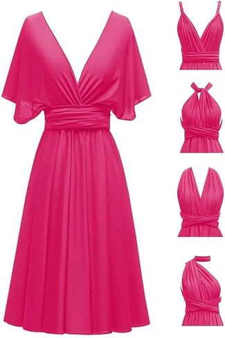 Short Infinity Dresses with Bandeau,Midi Bridesmaid Convertible Dress,Elastic Wedding Multiway Twist Wrap Dress in Kuwait
