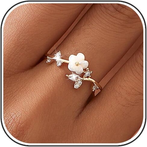 Rings for Women Non Tarnish, 14K Gold Plated Open Pearl Flower Band Adjustable Cubic Zirconia Rings for Women in Saudi Arabia