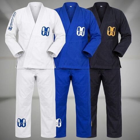 زي BJJ Gi Kimono البرازيلي جيو جيتسو للرجال - 450 جرام لكل متر مربع منكمش مسبقًا BJJ Gi باللون الأبيض والأسود والأزرق و4 مقاسات in Kuwait