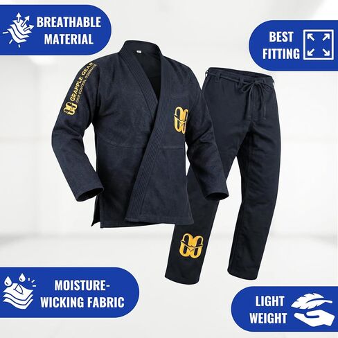 زي BJJ Gi Kimono البرازيلي جيو جيتسو للرجال - 450 جرام لكل متر مربع منكمش مسبقًا BJJ Gi باللون الأبيض والأسود والأزرق و4 مقاسات in Kuwait
