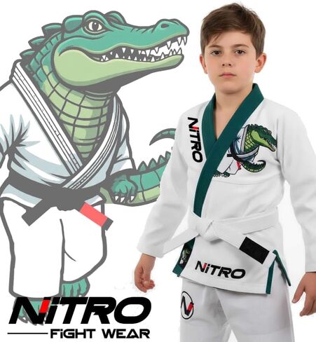 Kids Premium BJJ Gi - FREE WHITE BELT - Green Lapel - Lightweight - Alligator - Brazilian Jiu Jitsu Kid's Uniform in Saudi Arabia