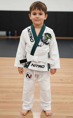 Kids Premium BJJ Gi - FREE WHITE BELT - Green Lapel - Lightweight - Alligator - Brazilian Jiu Jitsu Kid's Uniform in Saudi Arabia