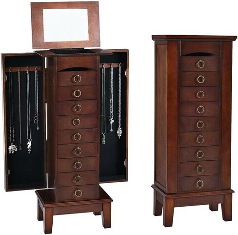 Pemberly Row Jewelry Cabinet, 40" Tall MDF and Glass Construction, Walnut Finish, 6 Drawers, Side Doors with Necklace Hooks, Partitioned Top with Mirror, Vintage Hardware, Bedroom or Dressing Room in Kuwait