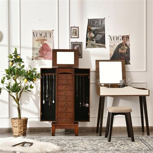 Pemberly Row Jewelry Cabinet, 40" Tall MDF and Glass Construction, Walnut Finish, 6 Drawers, Side Doors with Necklace Hooks, Partitioned Top with Mirror, Vintage Hardware, Bedroom or Dressing Room in Kuwait