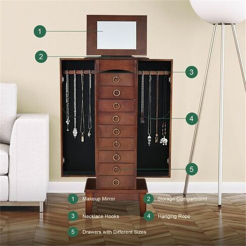 Pemberly Row Jewelry Cabinet, 40" Tall MDF and Glass Construction, Walnut Finish, 6 Drawers, Side Doors with Necklace Hooks, Partitioned Top with Mirror, Vintage Hardware, Bedroom or Dressing Room in Kuwait