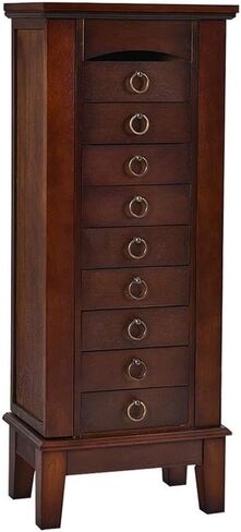 Pemberly Row Jewelry Cabinet, 40" Tall MDF and Glass Construction, Walnut Finish, 6 Drawers, Side Doors with Necklace Hooks, Partitioned Top with Mirror, Vintage Hardware, Bedroom or Dressing Room in Kuwait