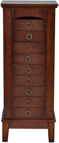 Pemberly Row Jewelry Cabinet, 40" Tall MDF and Glass Construction, Walnut Finish, 6 Drawers, Side Doors with Necklace Hooks, Partitioned Top with Mirror, Vintage Hardware, Bedroom or Dressing Room in Kuwait