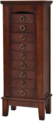 Pemberly Row Jewelry Cabinet, 40" Tall MDF and Glass Construction, Walnut Finish, 6 Drawers, Side Doors with Necklace Hooks, Partitioned Top with Mirror, Vintage Hardware, Bedroom or Dressing Room in Kuwait