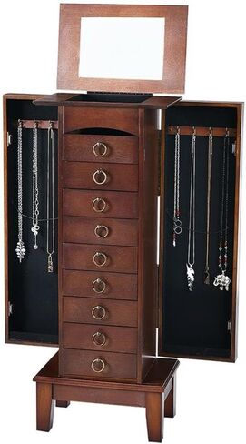 Pemberly Row Jewelry Cabinet, 40" Tall MDF and Glass Construction, Walnut Finish, 6 Drawers, Side Doors with Necklace Hooks, Partitioned Top with Mirror, Vintage Hardware, Bedroom or Dressing Room in Kuwait