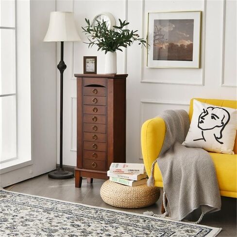 Pemberly Row Jewelry Cabinet, 40" Tall MDF and Glass Construction, Walnut Finish, 6 Drawers, Side Doors with Necklace Hooks, Partitioned Top with Mirror, Vintage Hardware, Bedroom or Dressing Room in Kuwait