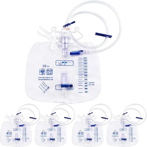 5 Pack 2000ml Urine Collection Bags with 48 Inch Flexible Tube Anti Backflow Chamber, Catheter Bags with Smooth Slide Valve Dual Hooks and Hanging Strap for Daily Liquid Collection and Easy Drainage in Saudi Arabia