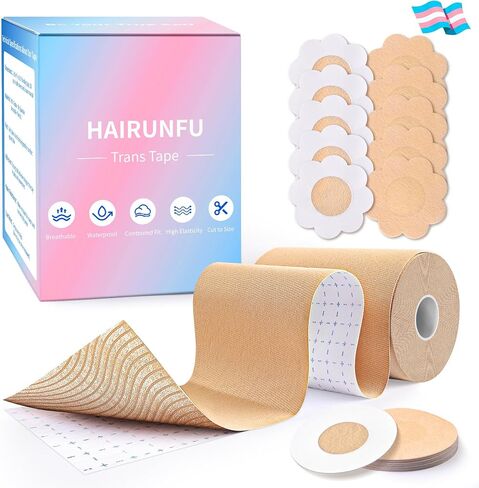 2 Rolls Chest Binding Tape for FTM, Extra Wide 4 in x 16.5 ft, Waterproof, Sweat-Resistant, Latex-Free, Light Tan, 20 Nipple Covers Included in Saudi Arabia