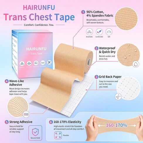 2 Rolls Chest Binding Tape for FTM, Extra Wide 4 in x 16.5 ft, Waterproof, Sweat-Resistant, Latex-Free, Light Tan, 20 Nipple Covers Included in Saudi Arabia