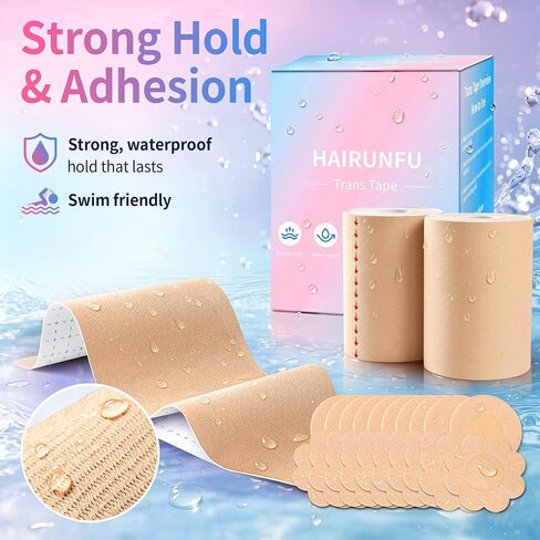2 Rolls Chest Binding Tape for FTM, Extra Wide 4 in x 16.5 ft, Waterproof, Sweat-Resistant, Latex-Free, Light Tan, 20 Nipple Covers Included in Saudi Arabia