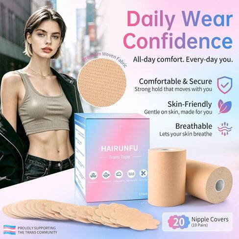 2 Rolls Chest Binding Tape for FTM, Extra Wide 4 in x 16.5 ft, Waterproof, Sweat-Resistant, Latex-Free, Light Tan, 20 Nipple Covers Included in Saudi Arabia