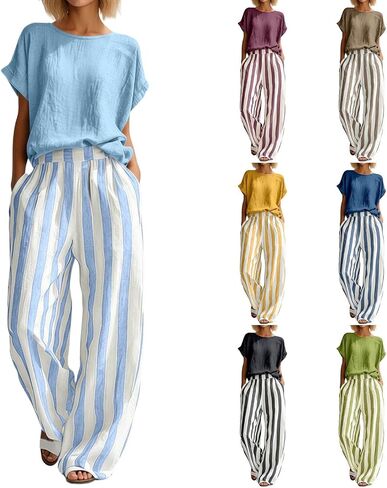 Women Linen Sets 2 Piece Outfits Summer Short Sleeve T Shirts Striped Wide Leg Pants Matching Lounge Casual Outfits in Kuwait