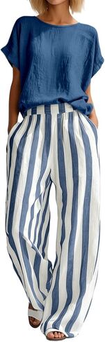 Women Linen Sets 2 Piece Outfits Summer Short Sleeve T Shirts Striped Wide Leg Pants Matching Lounge Casual Outfits in Kuwait