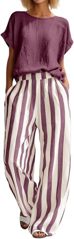 Women Linen Sets 2 Piece Outfits Summer Short Sleeve T Shirts Striped Wide Leg Pants Matching Lounge Casual Outfits in Kuwait