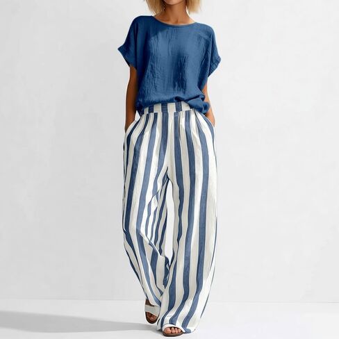 Women Linen Sets 2 Piece Outfits Summer Short Sleeve T Shirts Striped Wide Leg Pants Matching Lounge Casual Outfits in Kuwait